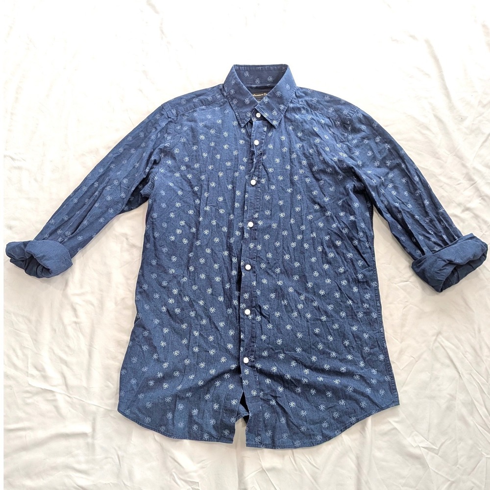 $130 Massimo Dutti Mens Navy Blue Geometric Floral Print Button Down Shirt Sz S - Picture 2 of 6